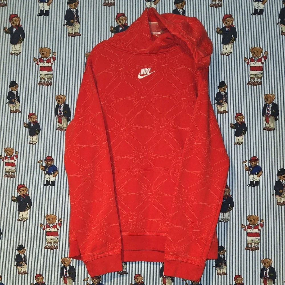 Nike Center Swoosh Check All Over Print Sweatshirt Hoodie Red Kids Large